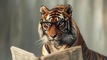 Tiger wearing glasses reading the news